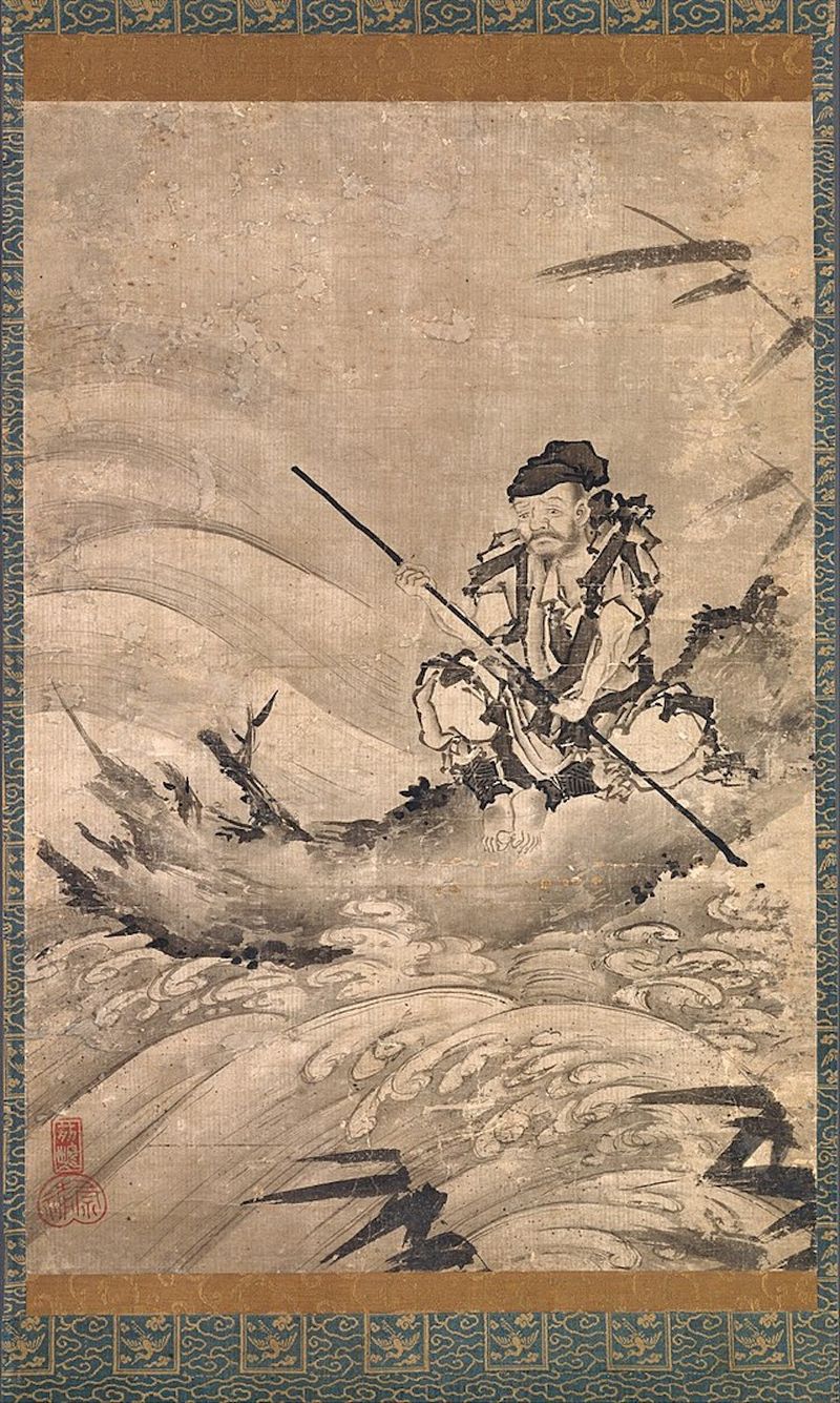 Mid-16th century Japanese scroll depicting Zhang on a raft, inspired by a Yuan dynasty poem where Zhang sailed down the Yellow River all the way to the Milky Way