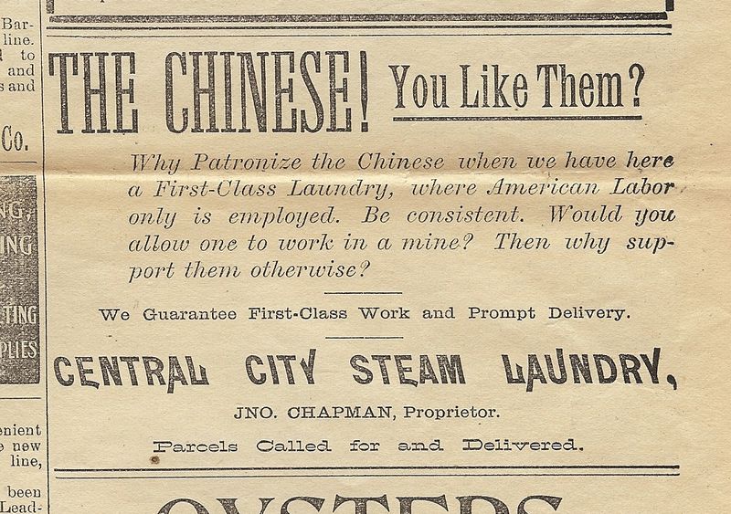 An anti-Chinese ad listed in Gilpin County