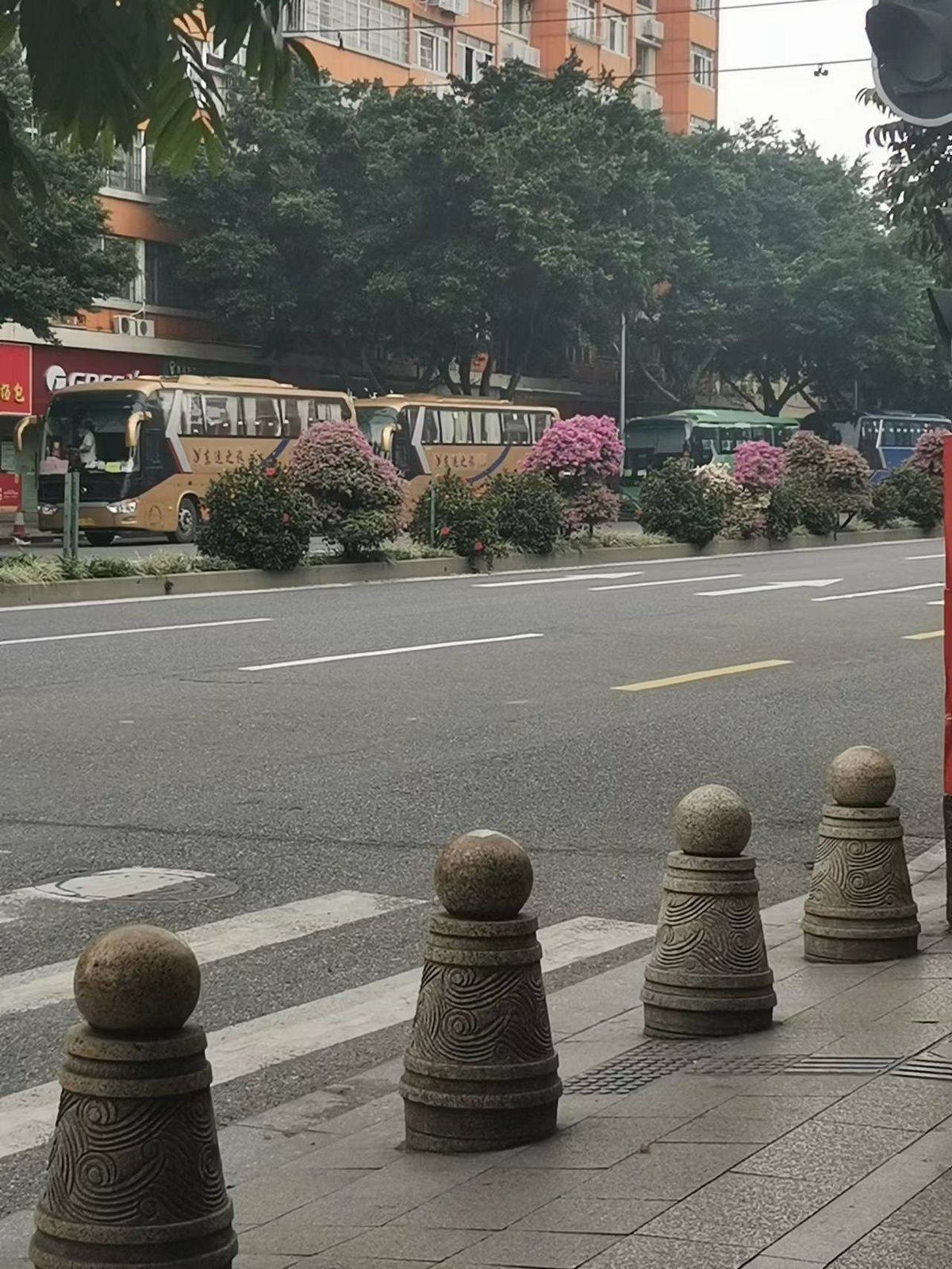 Shuttle buses waiting outside Lujiang village to transfer the residents