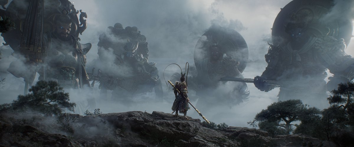 The Monkey King faces down the four towering gods from the Celestial Court in the opening sequence of the game Black Myth: Wukong