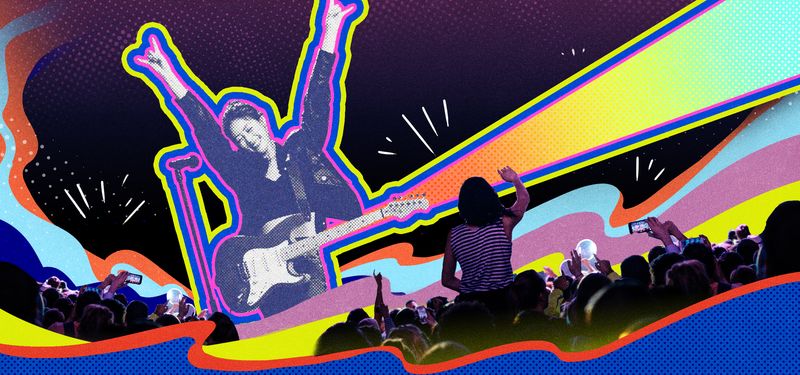Illustration of Chinese fans and music-goers at a rock concert