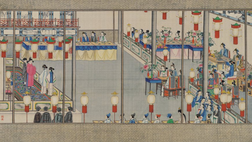 Family banquets are held by the Jia clan through the holiday season with operas and other entertainment (Sun Weng, Qing dynasty)