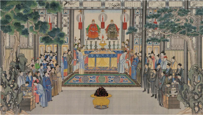 Mother Jia leads the family worship ceremony on Lunar New Year Day (Sun Weng, Qing dynasty)