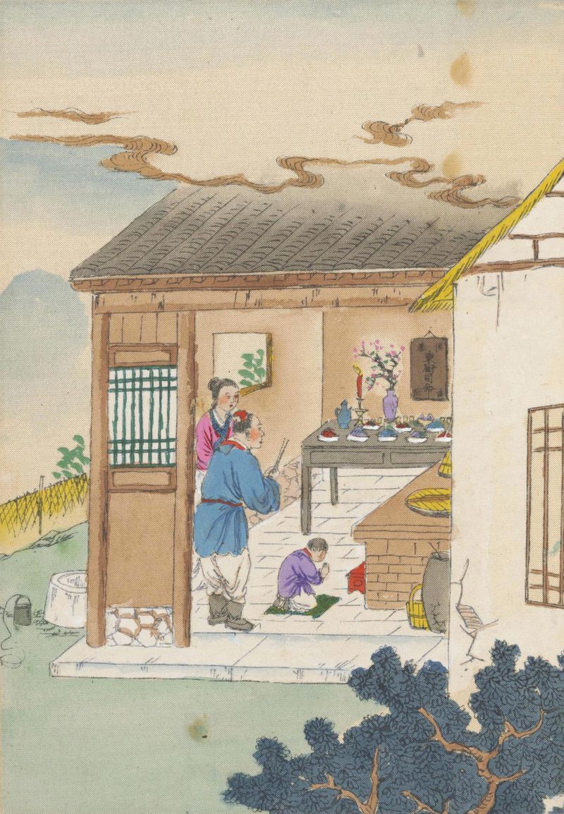 A depiction of ancient Chinese performing rituals to the kitchen god at home