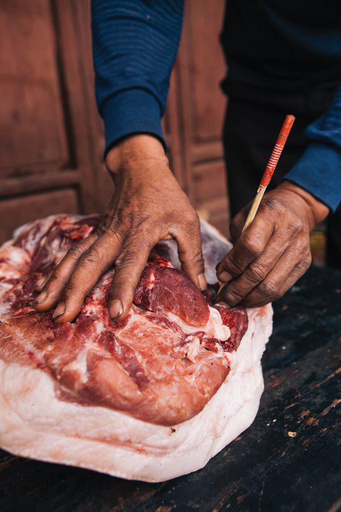 In Zhang&#x27;s home region of Dali, ham is cured by piercing the meat with a sharpened chopstick to let the salt penetrate 