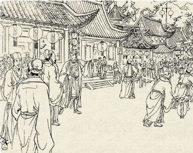 An illustration of Song Jiang and his band of brothers visiting Dongjing during the Lantern Festival (Bu Xiaohuai)