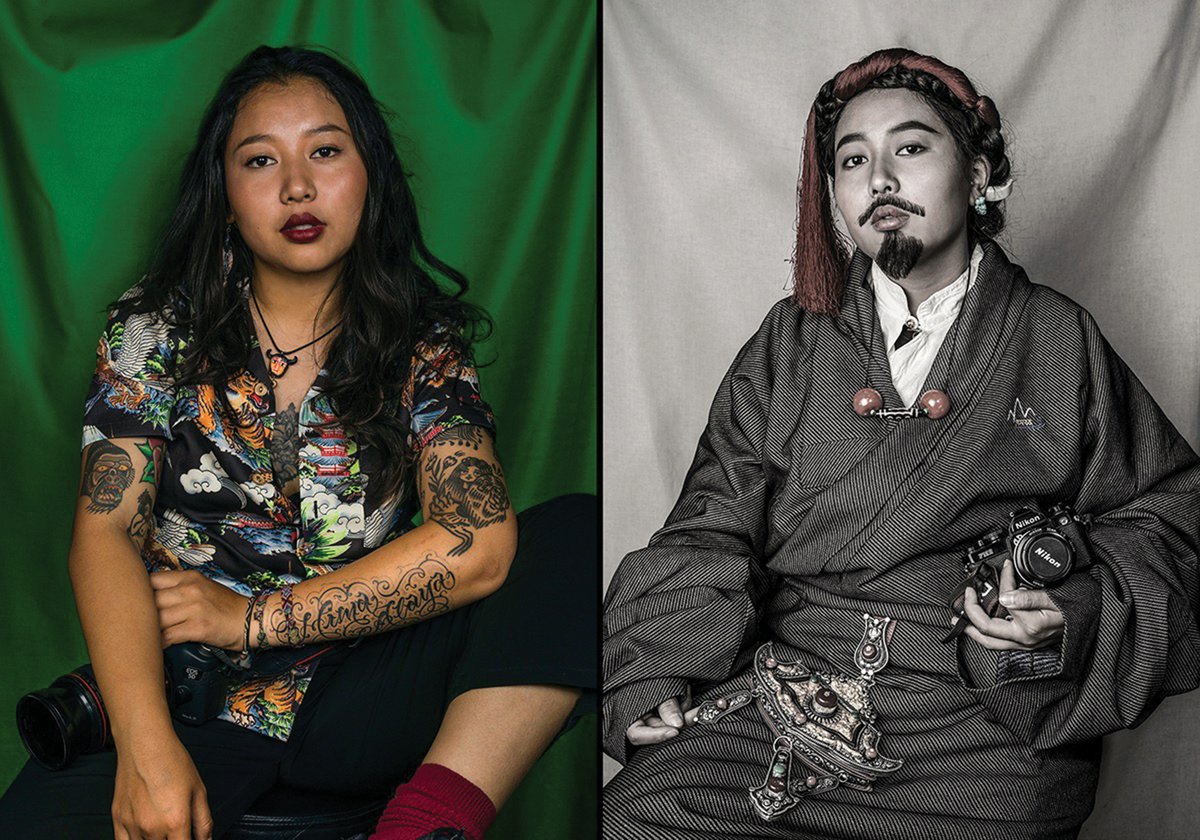 Nyema Droma’s self-portraits in “Performing Tibetan Identity” show her in a Tibetan costume traditionally worn by males