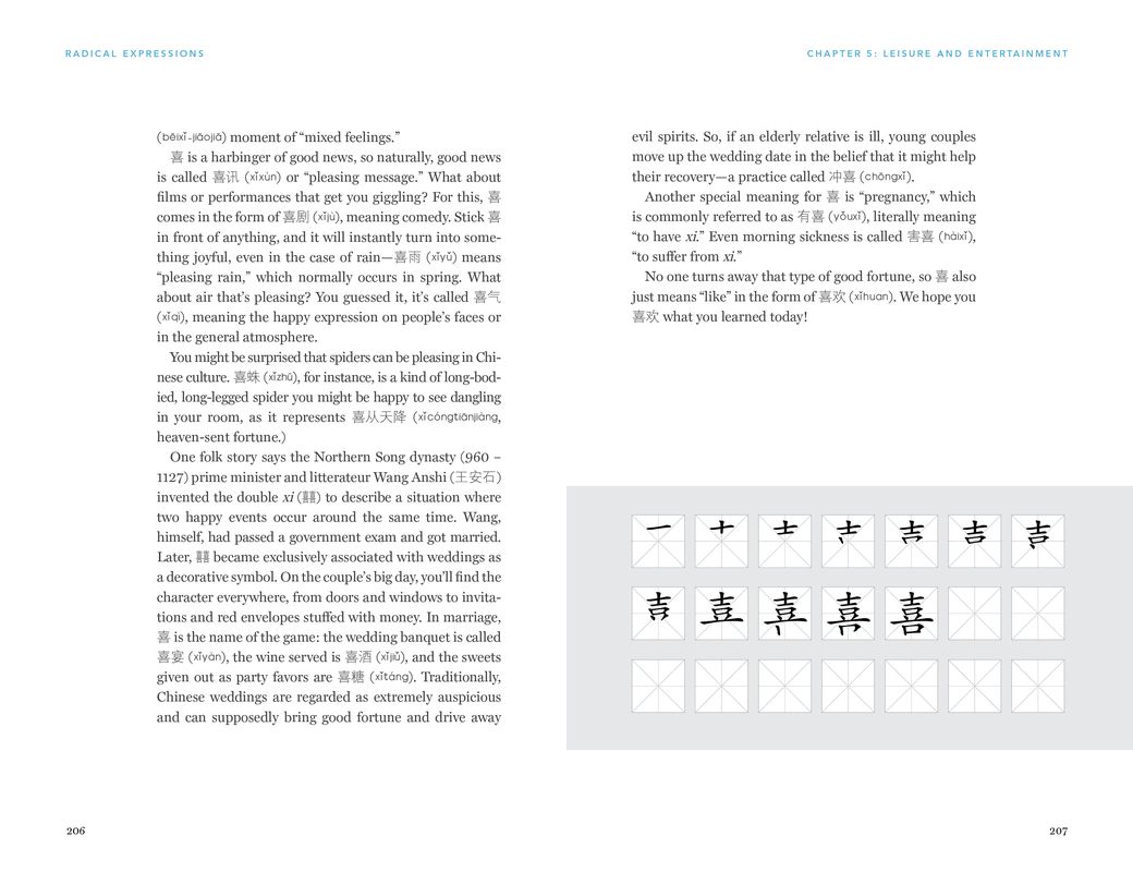 Instruction on how to write the Chinese character for happy from TWOC's Radical Expressions book
