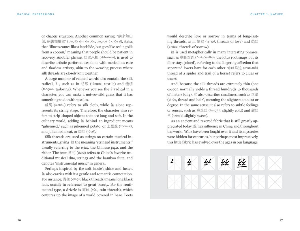 Instruction on how to write the Chinese character for silk from TWOC's Radical Expressions book