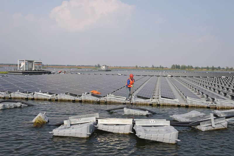 This floating solar farm in Huainan, Anhui province, is built on a collapsed and flooded coal-mining region