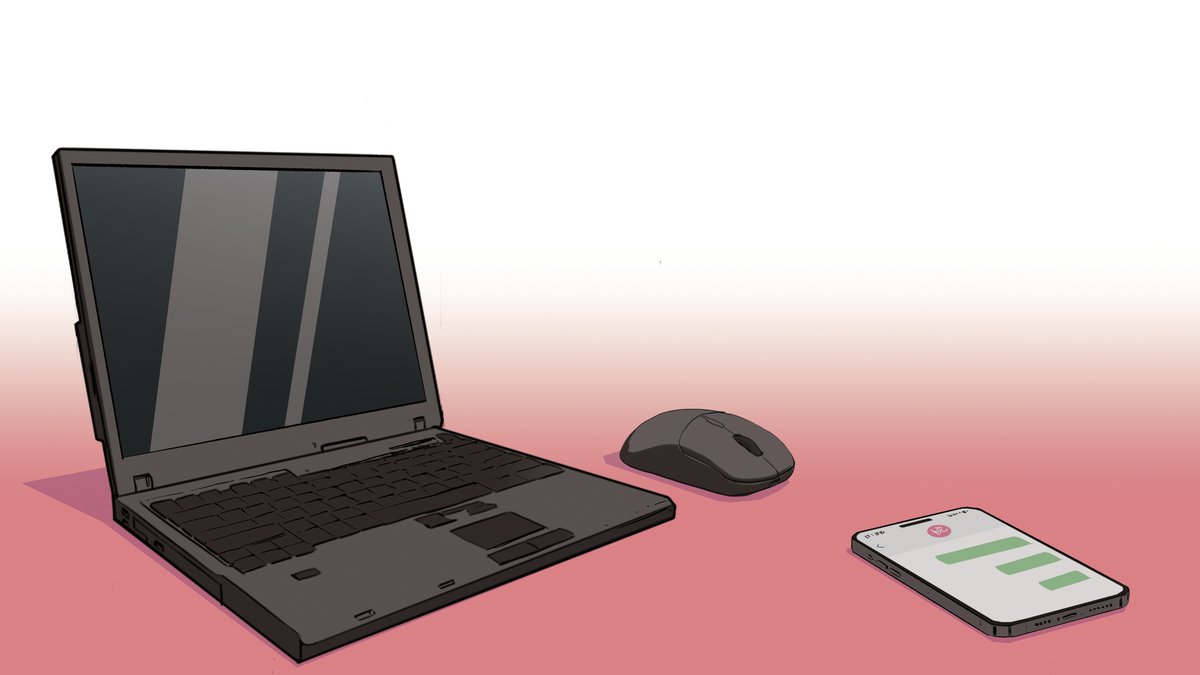 Illustration of a computer, mouse, and phone by Xi Dahe
