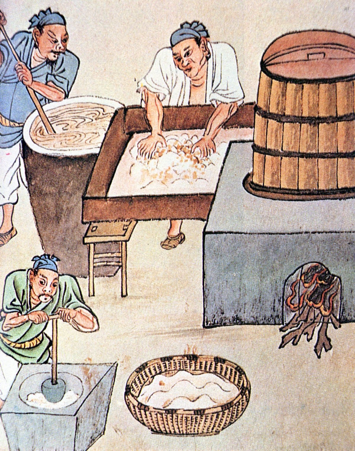 An illustration showing how alcohol is brewed in ancient China, from Essential Compendium of Materia Medica