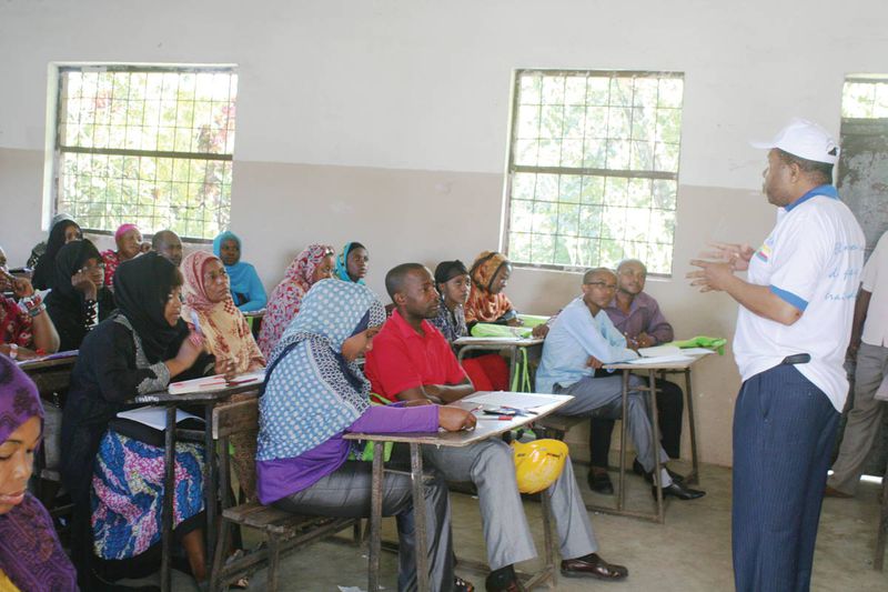 The director of Disease Control and Prevention explains the antimalarial scheme to local volunteers in Comoros in 2013